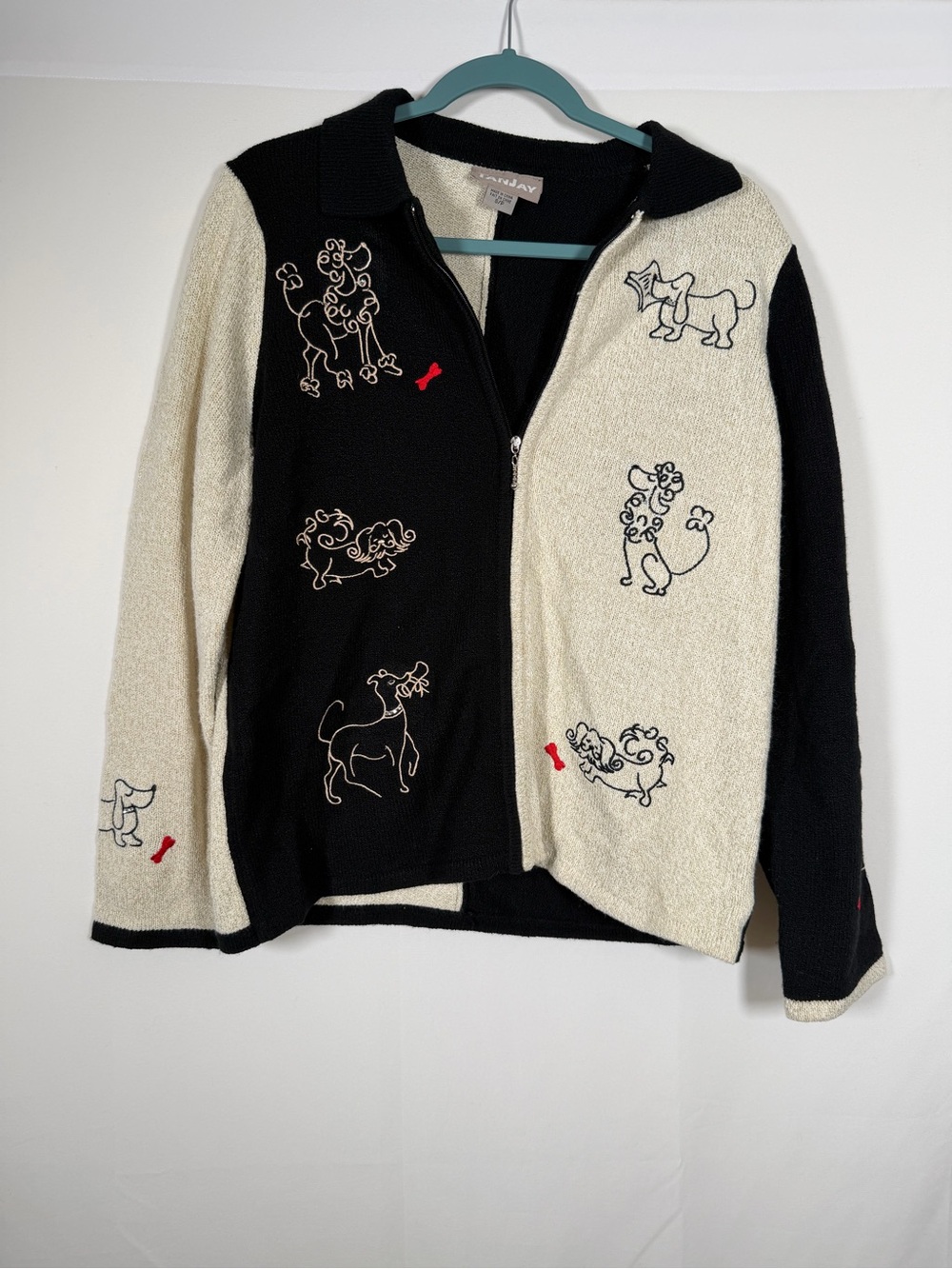 Vintage TanJay Black & Cream Zip Front Sweater Cardigan Poodle Dog Embroidery